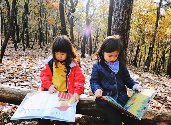 숲에서 독서를 즐기는 숲리라유치원 아이들.