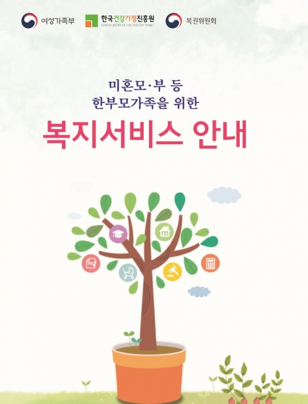 여성가족부와 한국건강가정진흥원이 발간한 '미혼모·부 등 한부모가족을 위한 복지서비스 안내' 책자.